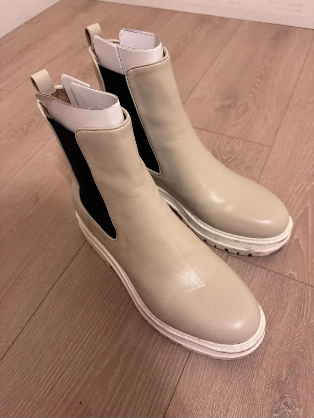 Marc Fisher Cream Chelsea Lug Sole Ankle Boots with Black Elastic